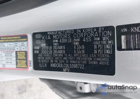 2020 Kia Niro Lxs z USA, uszkodzony, nr VIN KNDCB3LC0L5398722